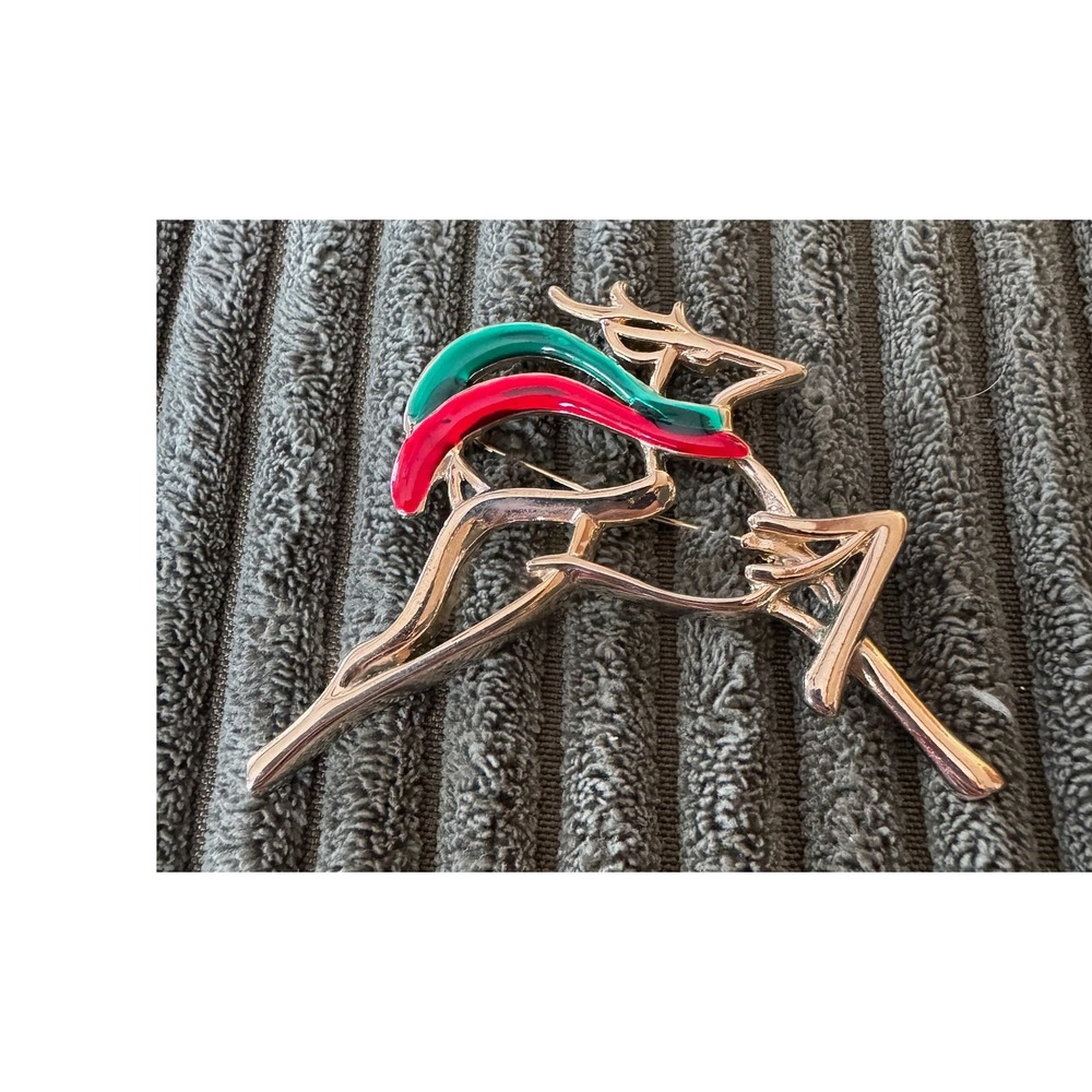 Vintage Danecraft Reindeer Brooch Enamel Christmas Holiday Gold Tone